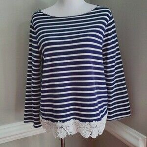 GAP Dark Blue & White Striped Scoop Neck Lightweight Sweatshirt with Lace Trim